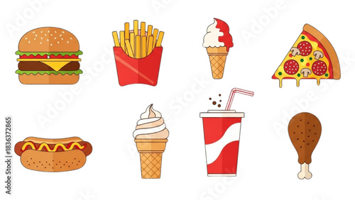 Delicious Fast Food Icons Burger, Fries, Pizza, and More!