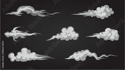 Collection of stylized cartoon smoke and steam trails for speed effects