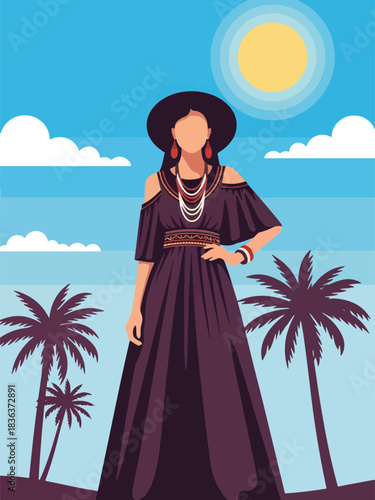 Flat summer portrait of a woman in a flowing boho maxi dress standing in a warm desert environment with sunshine. Ideal for fashion design, style branding, and travel lifestyle