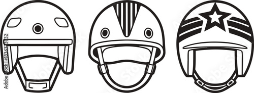 Safety Helmets Illustration Design. Protective Helmets Outline Set. Modern Helmets Graphic Collection. Sports Helmets Outline Artwork. Motorcycle Helmets Line Design. Industrial Helmets Outline Pack