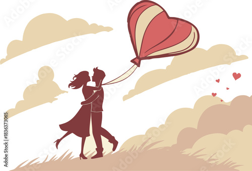Romantic couple embracing under a sky with a flying heart balloon