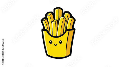 Cute Cartoon French Fries with Smiling Face in Yellow Container.