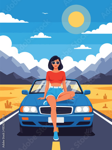 Flat vector portrait of a stylish woman sitting on a convertible car during a sunny summer road trip. Ideal for adventure, lifestyle branding, travel themes, and fashion content