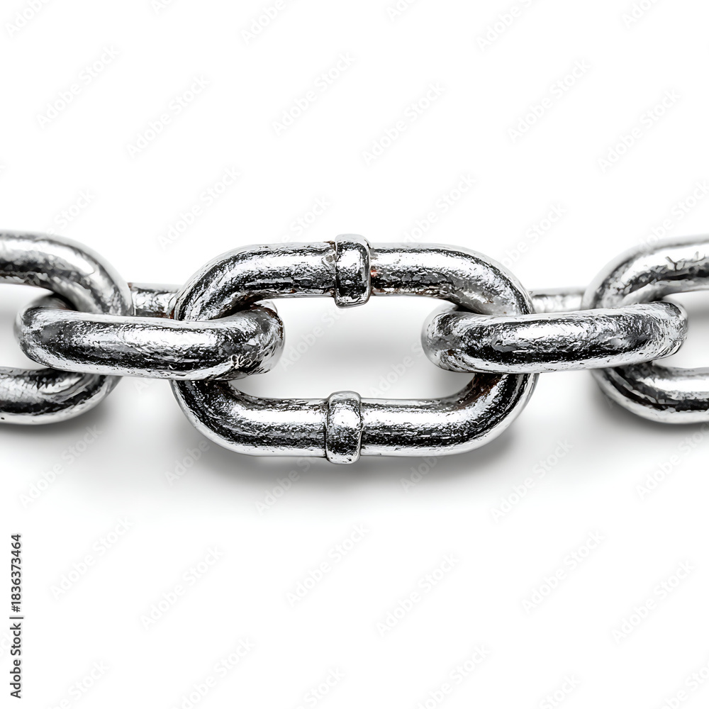 Obraz premium Strength in Unity: A close-up view of a robust metal chain, symbolizing connection, reliability, and the power of combined elements, demonstrating the strength of interconnectedness.
