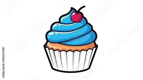 Delicious blue frosted cupcake with a cherry on top in a white paper cup.