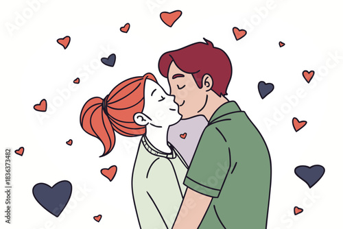 Illustrated young couple kissing lovingly, surrounded by floating hearts.