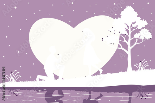 Romantic proposal silhouette under starry night with heart shape