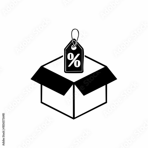 Open cardboard box with a price tag hanging from the top, featuring a percentage symbol for discount or sale