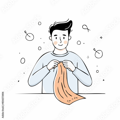 A happy man is knitting a colorful scarf with a woolen thread in his hands