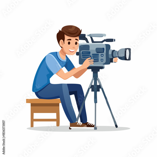 A professional camera operator records a movie. Flat vector character illustration isolated on a white background