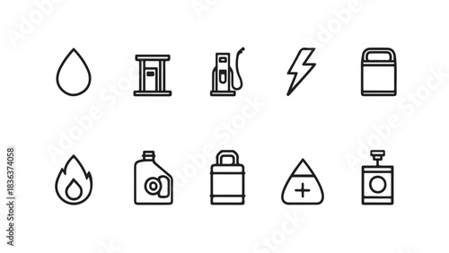 Gas Station, Oil Drop and Battery Icons – Simple Line Style Fuel and Power Supply Vector Graphics