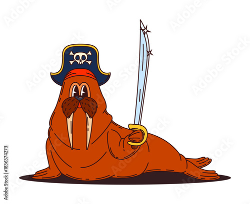 Cartoon walrus animal pirate and corsair ship crew character with a sharp sword. Isolated vector funny morse sea creature filibuster personage, wearing captain tricorn hat and holding saber in its fin