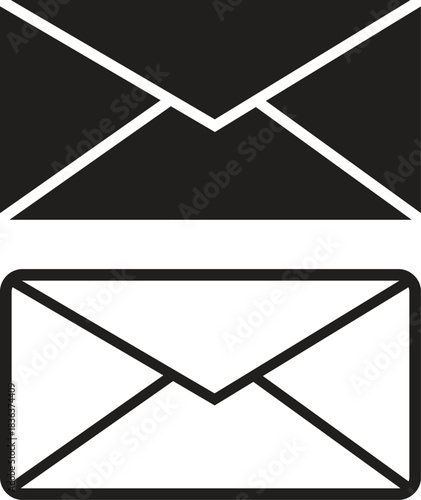 Two stylized envelope icons one solid black and one outlined isolated on transparent background