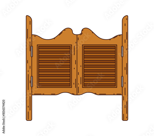 Wild west groovy saloon gate, retro wooden swinging batwing door with hinges. Vector vintage frontier element for cowboy bar or old western town architecture. Isolated closed entry or exit doorway