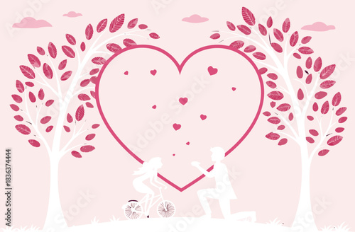 Romantic proposal illustration under heart trees for valentines