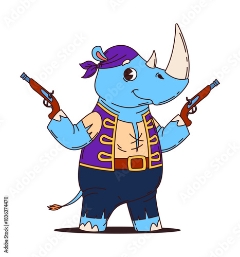 Cartoon rhinoceros animal pirate and corsair ship crew character wearing purple vest and armed with pistols. Isolated vector adventurous rhino sailor holding flintlock guns in hands ready to attack