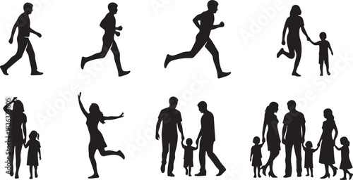 Vector silhouettes of people and women in various poses and activities