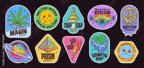 Groovy retro stickers and hippie labels with rainbow heart and psychedelic smile face, cartoon vector. Groovy stickers with trippy mushroom, cannabis leaf and space planet, smile melt and peace sign
