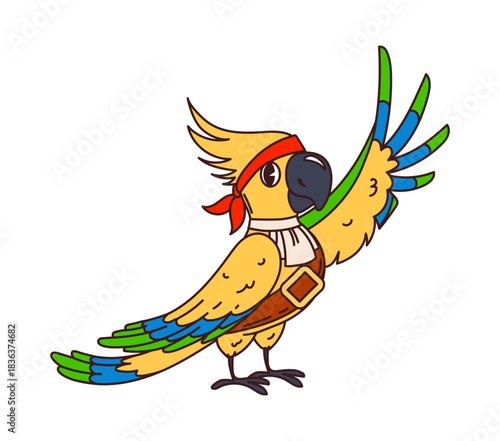Cartoon funny parrot bird pirate animal character waves a wing. Isolated vector feathered corsair personage with red bandana, ready for high seas nautical adventures and searching hidden treasures
