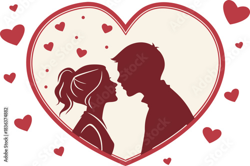 Romantic couple silhouette in heart, valentines day concept vector