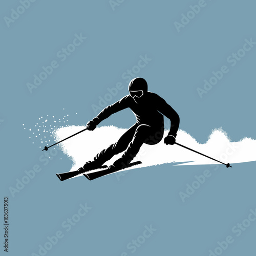 Silhouette of a skier gracefully descending a snowy slope, capturing the thrill of winter sports