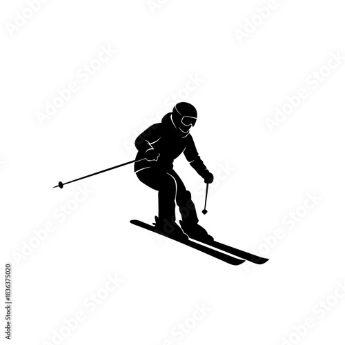 Silhouette of a skier in action on a snowy slope, captured mid-descent with poles outstretched