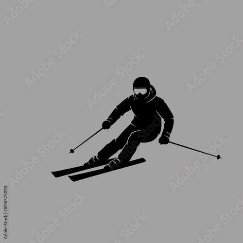 Silhouette of a skier actively skiing down a snowy slope with ski poles in hand