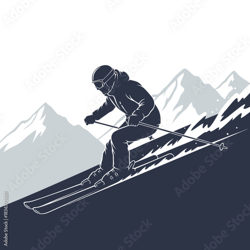 Skiing Down a Snowy Mountain Slope With Ski Poles and Goggles, A Winter Sport Adventure