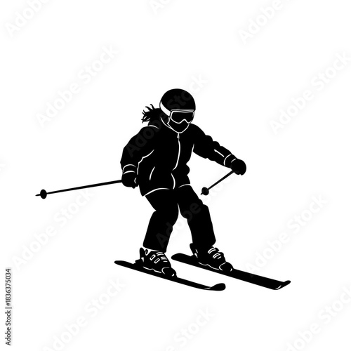 Silhouette of a child skiing down a slope, wearing ski gear and holding poles