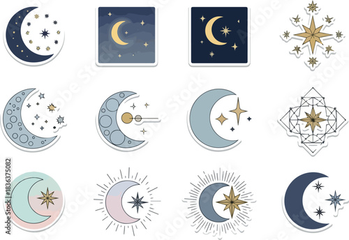 Celestial Moon and Stars Sticker Set Magical Night Sky Designs