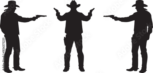 Cowboys Aiming Pistols Silhouette – Western Standoff Black and White Vector