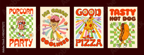 Cartoon groovy takeaway fast food characters and funny snacks, vector posters. Groovy fast food characters of funky pizza with popcorn, hot dog or ice cream with smile for retro groovy menu posters