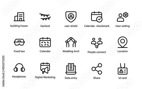 Celebration moments and event icons. ceremony, reception, speakers, and social media highlights line symbols.