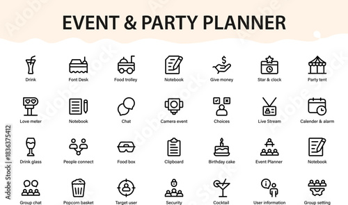 Event and party planner icons. event, planner, party, celebration, festival line symbols.