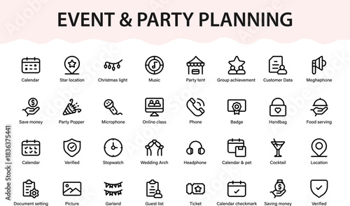 Event and party planning icons.  festival, planning, decorations, and guest management modern line icon set.
