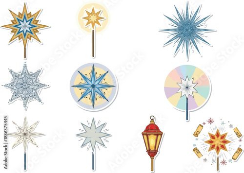 Stunning Assortment of Decorative Star Wands and Lantern Illustration