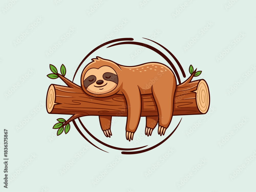 Obraz premium Charming cartoon sloth vector illustration peacefully resting on a rustic tree trunk, ideal for nature-inspired designs, kids' projects, or promoting a relaxed lifestyle