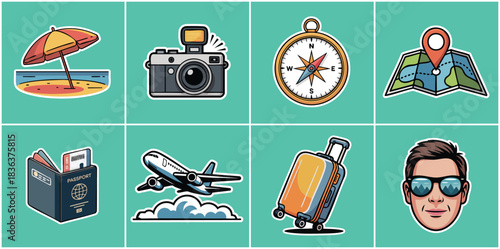 Summer Travel and Holiday Planning Icon Set with Passport Airplane Suitcase Camera Compass and Beach Umbrella for Tourism Adventure Vacation and Trip Design Assets