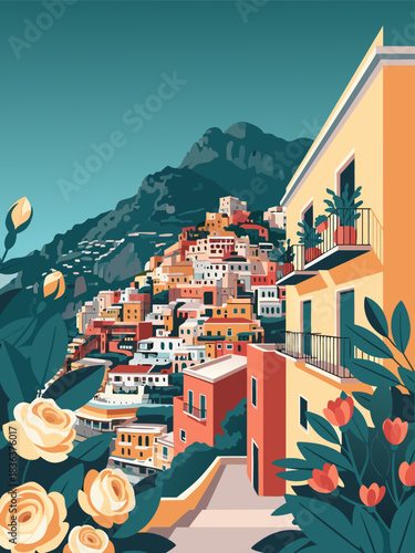 Vibrant coastal hillside town illustration with charming colorful houses, blooming flowers, and lush greenery under a serene sky, capturing an idyllic Mediterranean vista