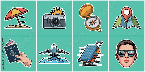 Travel and Vacation Planning Icons Featuring Passport Flight Suitcase Camera Compass and Beach Umbrella for Summer Tourism Adventure Journey and Holiday Promotion Design