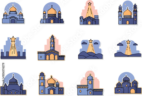 Diverse Mosque Icons with Star, Crescent, and Dome in Blue and Peach Hues