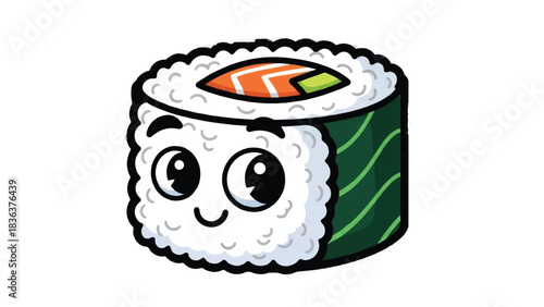 Cute Kawaii Sushi Roll Character with Happy Face.