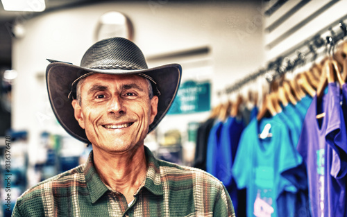 Happy man wearing an outback hat in a shop