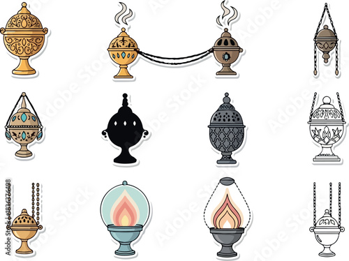 Collection of Decorative Incense Burner Illustrations for Spiritual or Cultural Decor