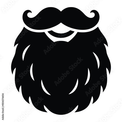 Full beard and handlebar mustache silhouette vector icon. Black isolated facial hair glyph for barbershop logo, hipster fashion, Santa Claus or masculine grooming design.