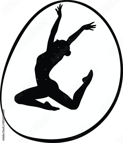 Gymnastics silhouette vector. Young woman dancer jumping in oval frame. Black female ballerina leaping icon isolated on white background.
