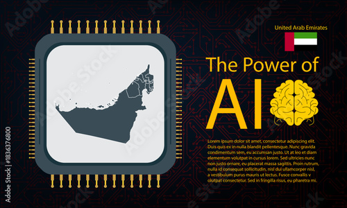 United Arab Emirates map with microchip war and AI concept on circuit board, Power of AI with country map.