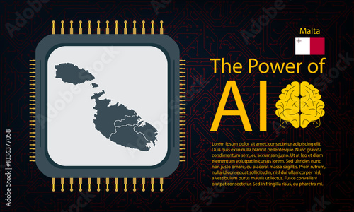 malta map with microchip war and AI concept on circuit board, Power of AI with country map. Global connectivity with big data.