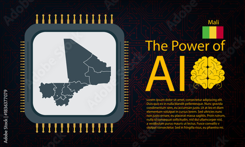 Mali map with microchip war and AI concept on circuit board, Power of AI with country map. Global connectivity with big data.