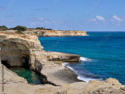 Rock formations and crystalline turquoise water in the Adriatic sea. Torre Sant'Andrea. Melendugno, province of Lecce, Salento, Apulia, Puglia, Italy, Europe